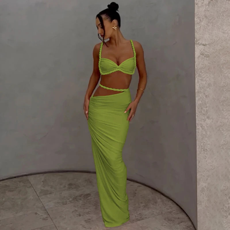 Woven Pleated Crop Top and Maxi Skirt Two Piece Set for Women