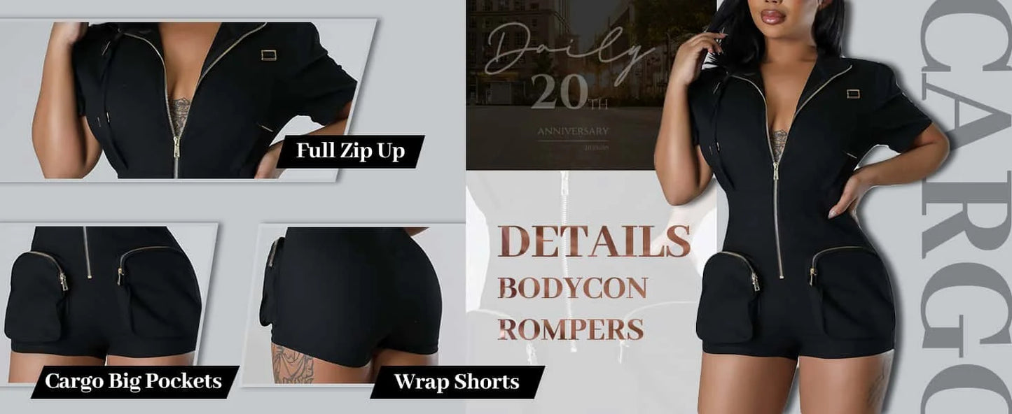 Solid Color Pocket Cargo Short Sleeve V Neck Romper for Women