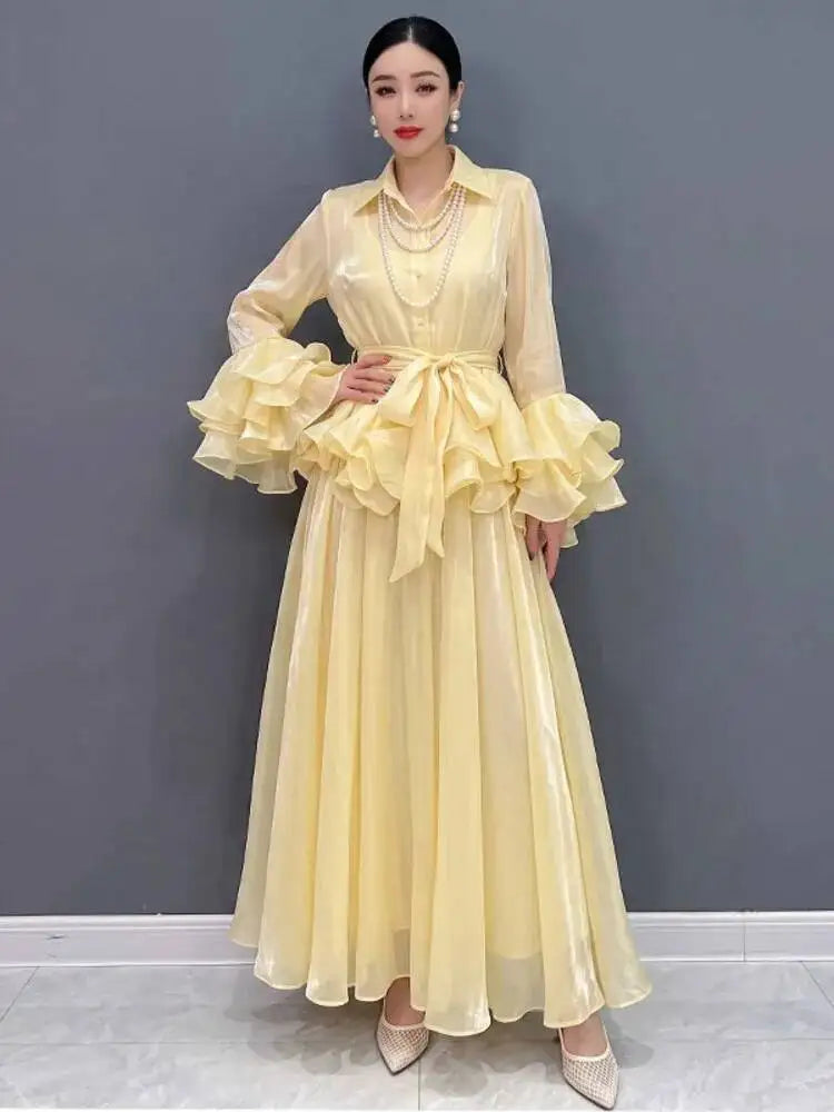 Belted Flare Sleeve Two Piece Set