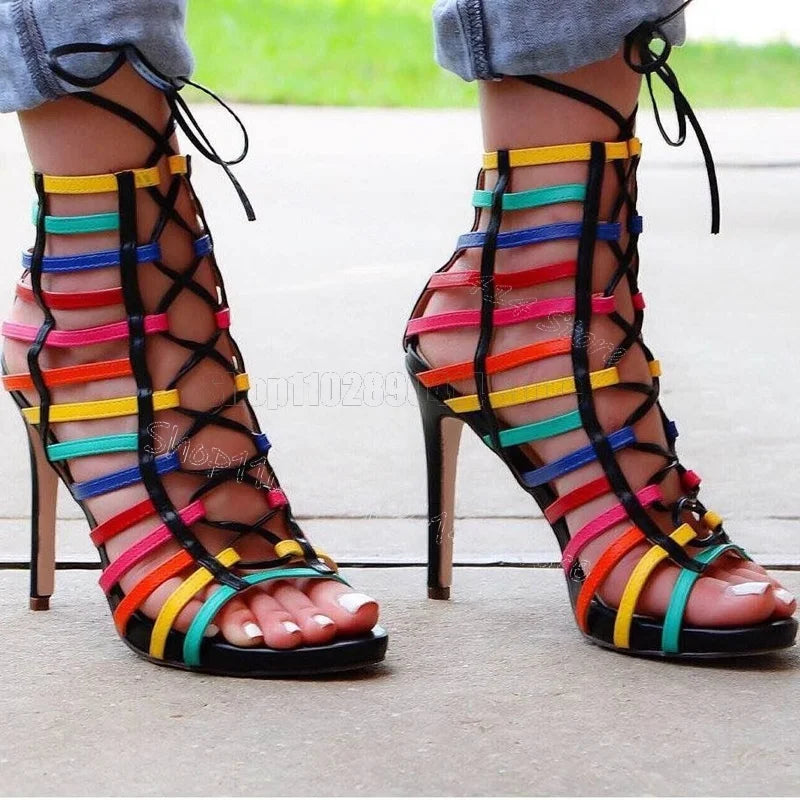 Strappy Hollow Open Toe Sandals With Back Zipper And Thin High Heels For Women