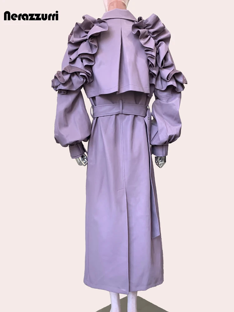 Long Purple Faux Leather Trench Coat With Ruffled Collar For Women