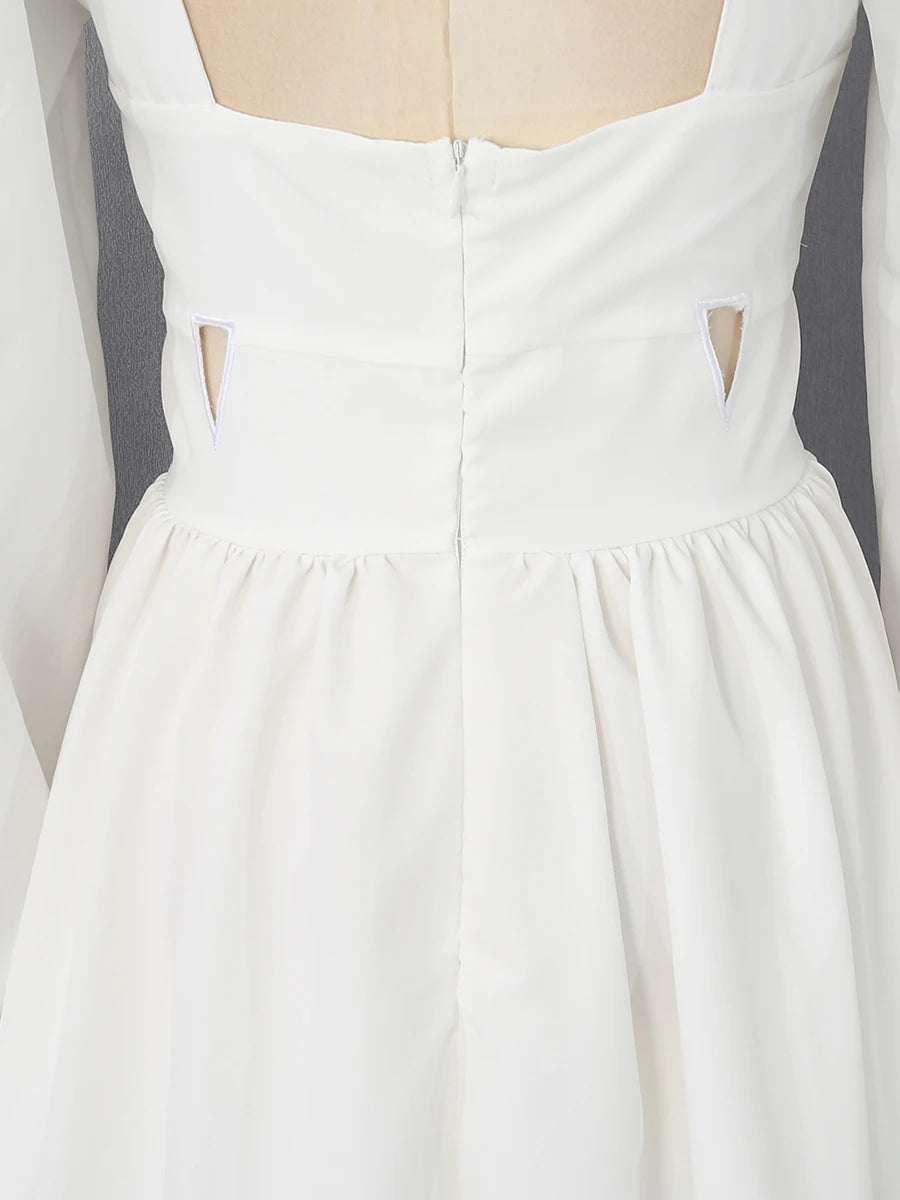 White Floral Cutout Puff Sleeve Gown With Asymmetric Train for Women
