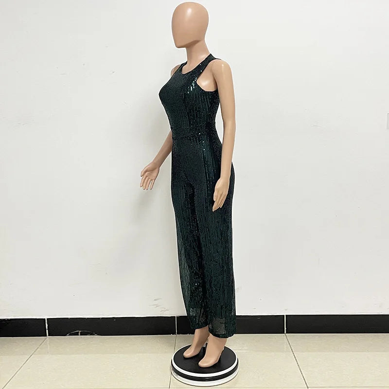 Elegant Silver Sequined Straight Cut Jumpsuit for Women