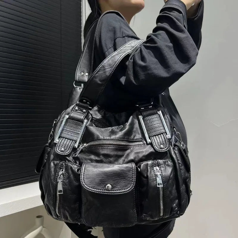 Y2K Multi-Pocket Motorcycle Shoulder Bag for Women