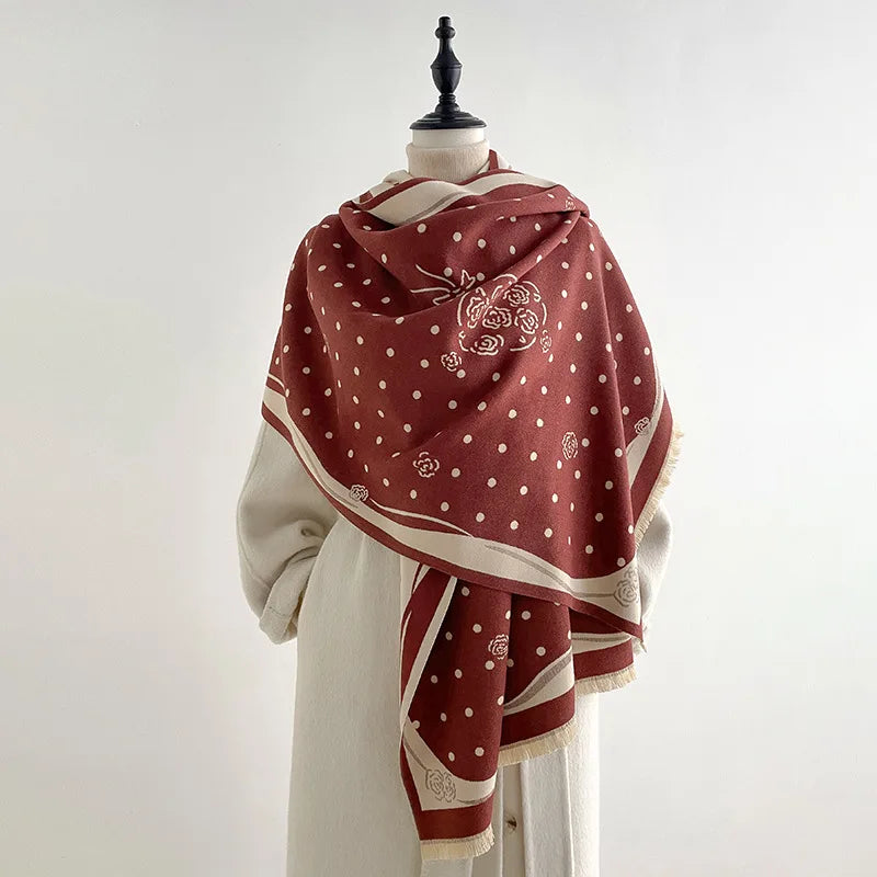Rose Dot Print Knit Fringe Scarf