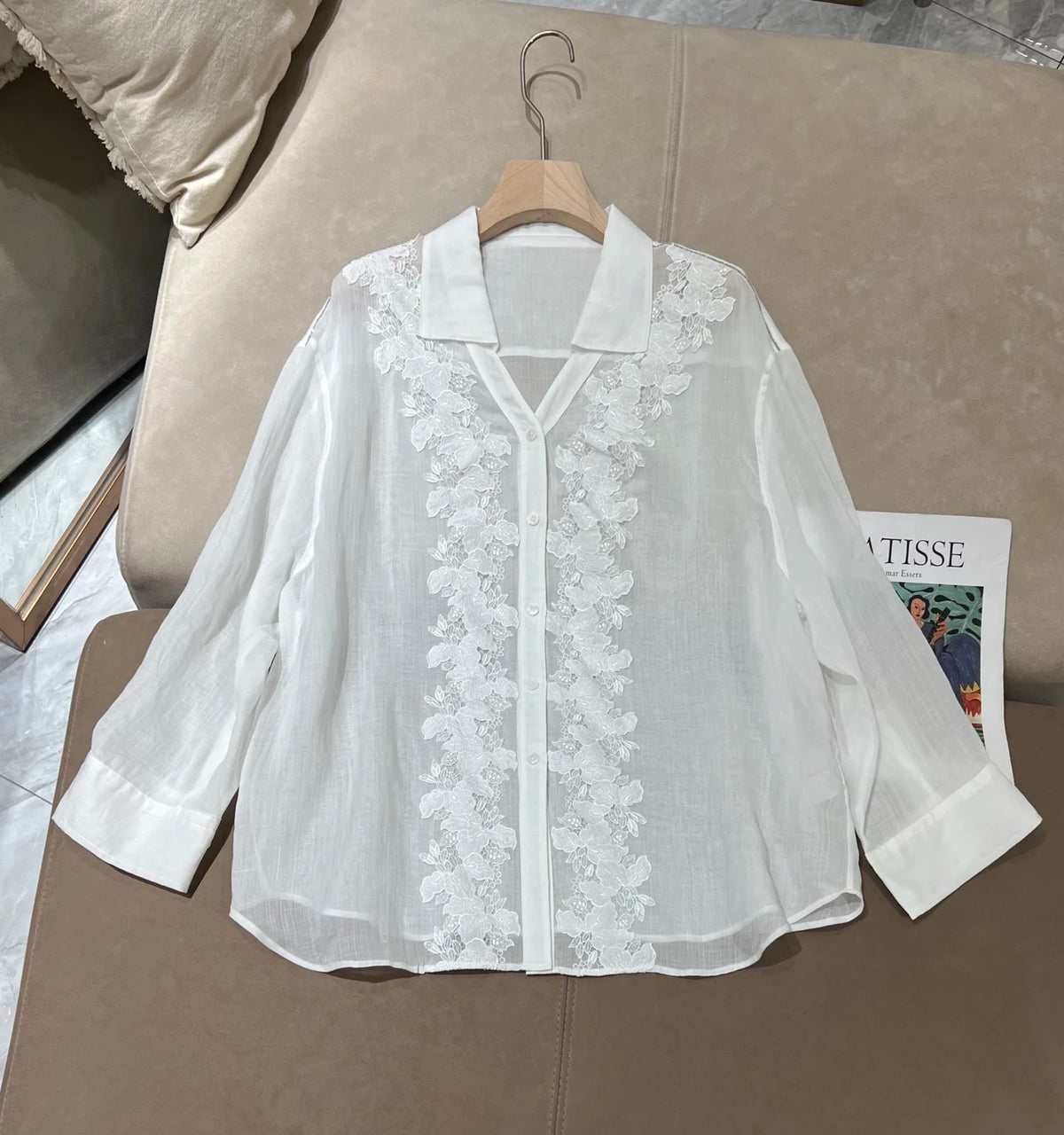 Embroidered Linen Blouse And Midi Skirt Set for Women