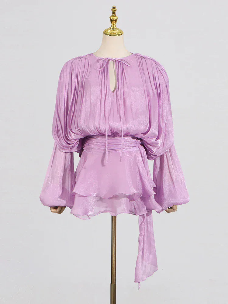 TWOTWINSTYLE Loose Solid Dresses For Women Round Neck Lantern Sleeve High Waist Spliced Fold Mini Chic Dress Female Fashion 2025