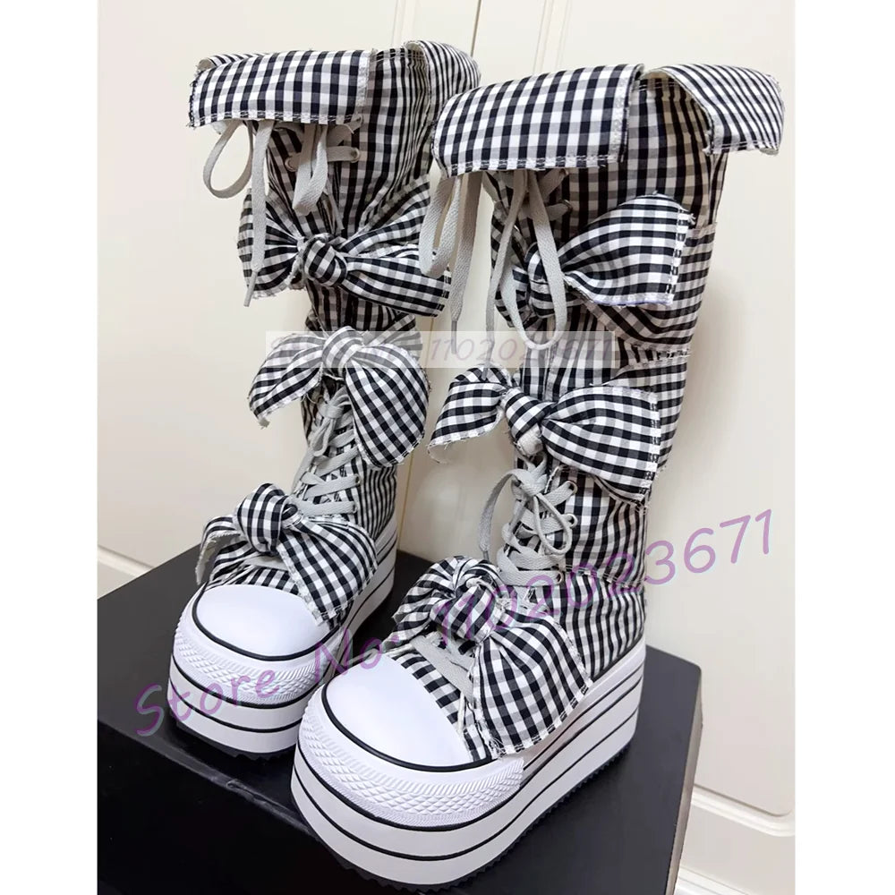 Bowknots Thick-sole Long Canvas Shoes Women Trendy Round Toe Cool Plaid Shoes Girl's Lolita Sweet Lace-up Platform Tall Boots