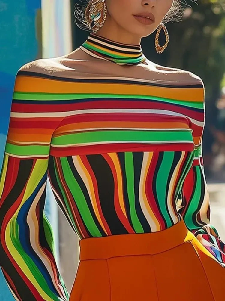 Beautyblue Summer Clothes Camouflage Clothes Women Striped T-Shirts Wave Button Halter-Neck Loose Fashion Sleeves Female Tops