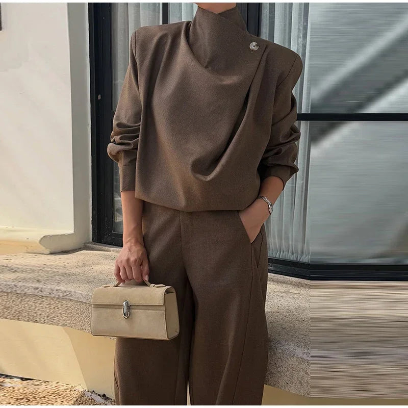 Solid Draped Funnel Neck Long Sleeve Wide Leg Two Piece Set For Women