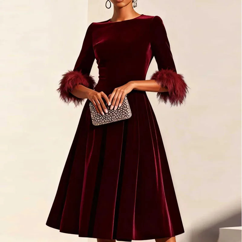 Elegant Feather Trim Velvet A-Line Party Dress for Women