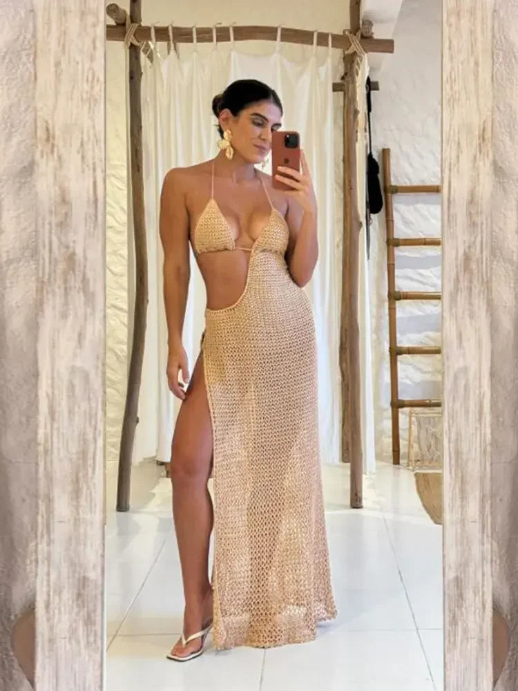 Sexy Slim Low-cut Tie Knit Halter Cut Out Circle Decoration High Slit Beach Maxi Dress 2025 Women Summer Swimsuit Cover Up K88