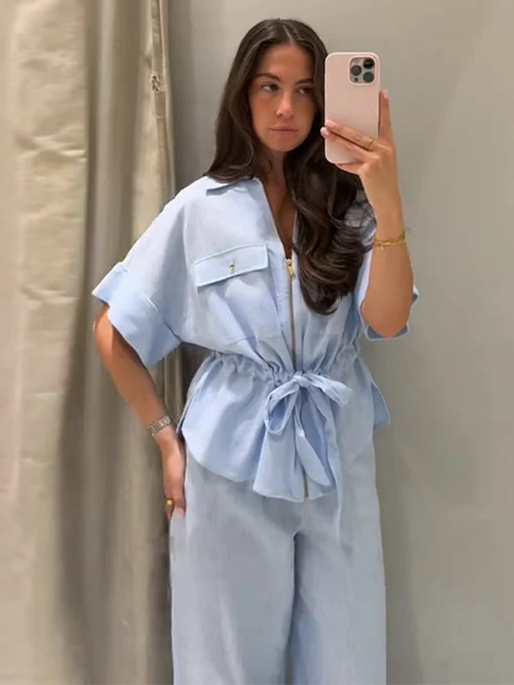 Casual Solid Chic Coat And Wide Leg Trouser Set for Women