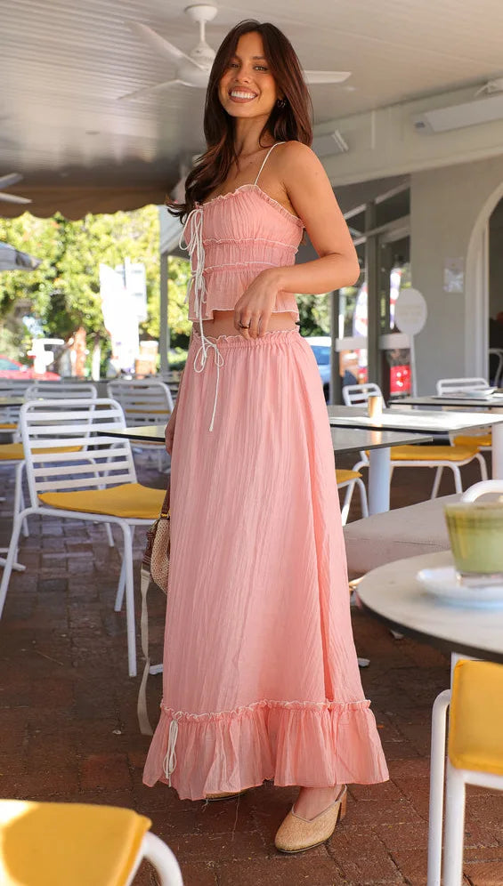Pleated Bow Suspender Top and Skirt Two Piece Set for Women