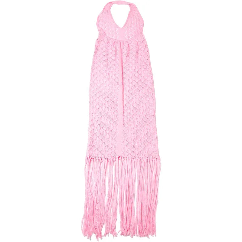 Elegant See Through Crochet Tassel Halter Dress for Women