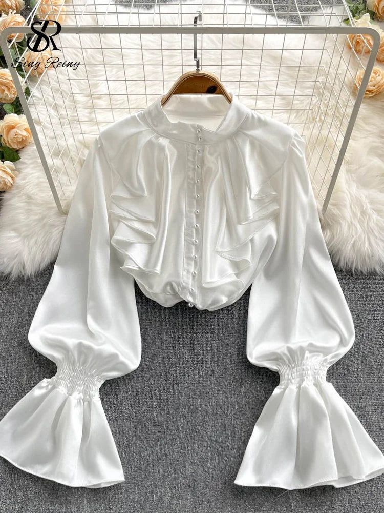 Elegant Satin Ruffle Long Sleeve Blouse for Women
