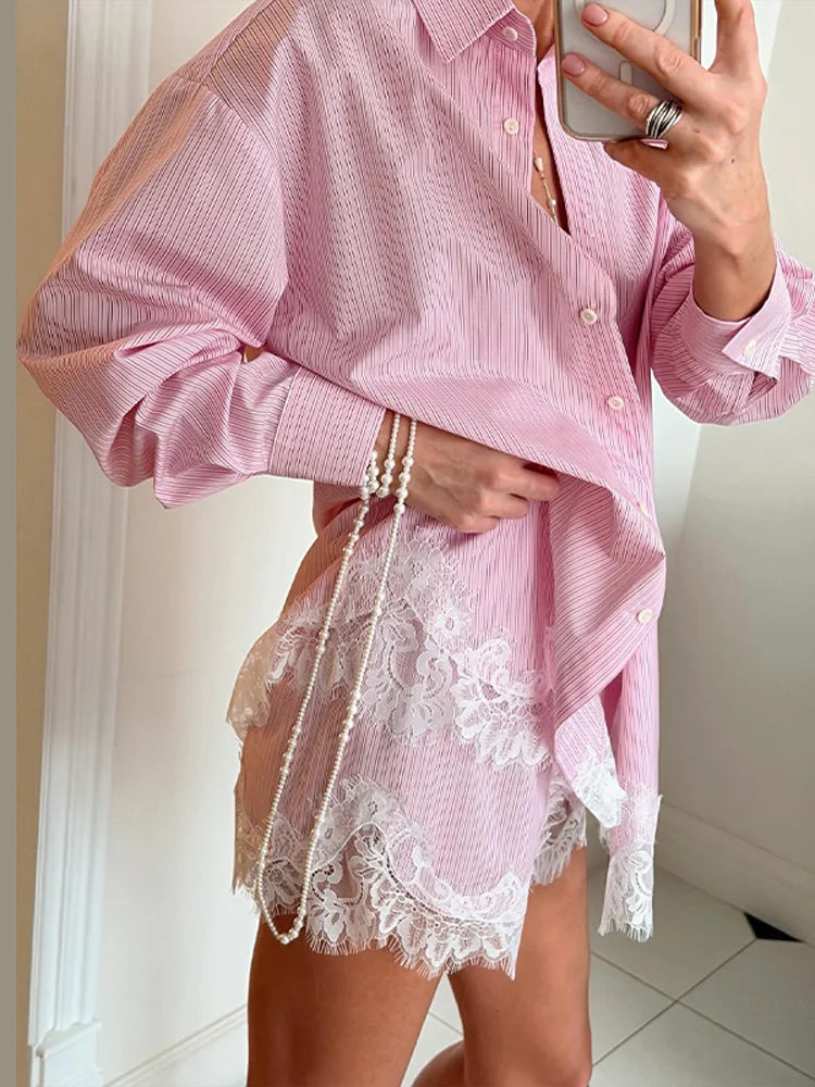 Casual Lace Patchwork Shirt and Shorts Set for Women