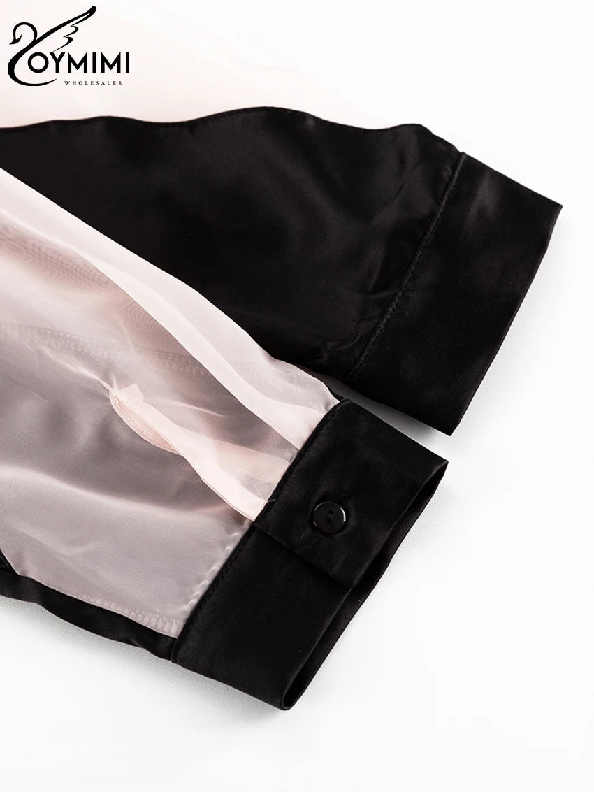 Oymimi Fashion Black Satin Patchwork 2 Piece Set Women Outfit Streetwear Long Sleeve Shirt With High Waist Pant Sets Y2k Clothes