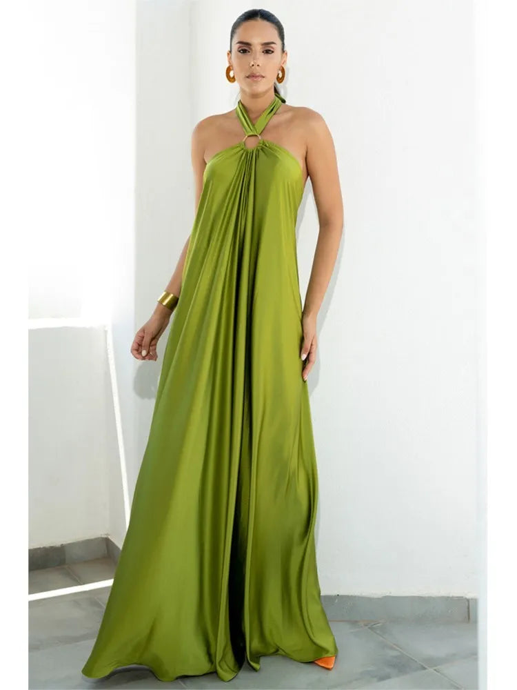 Backless Halter Neck Satin Evening Dress for Women
