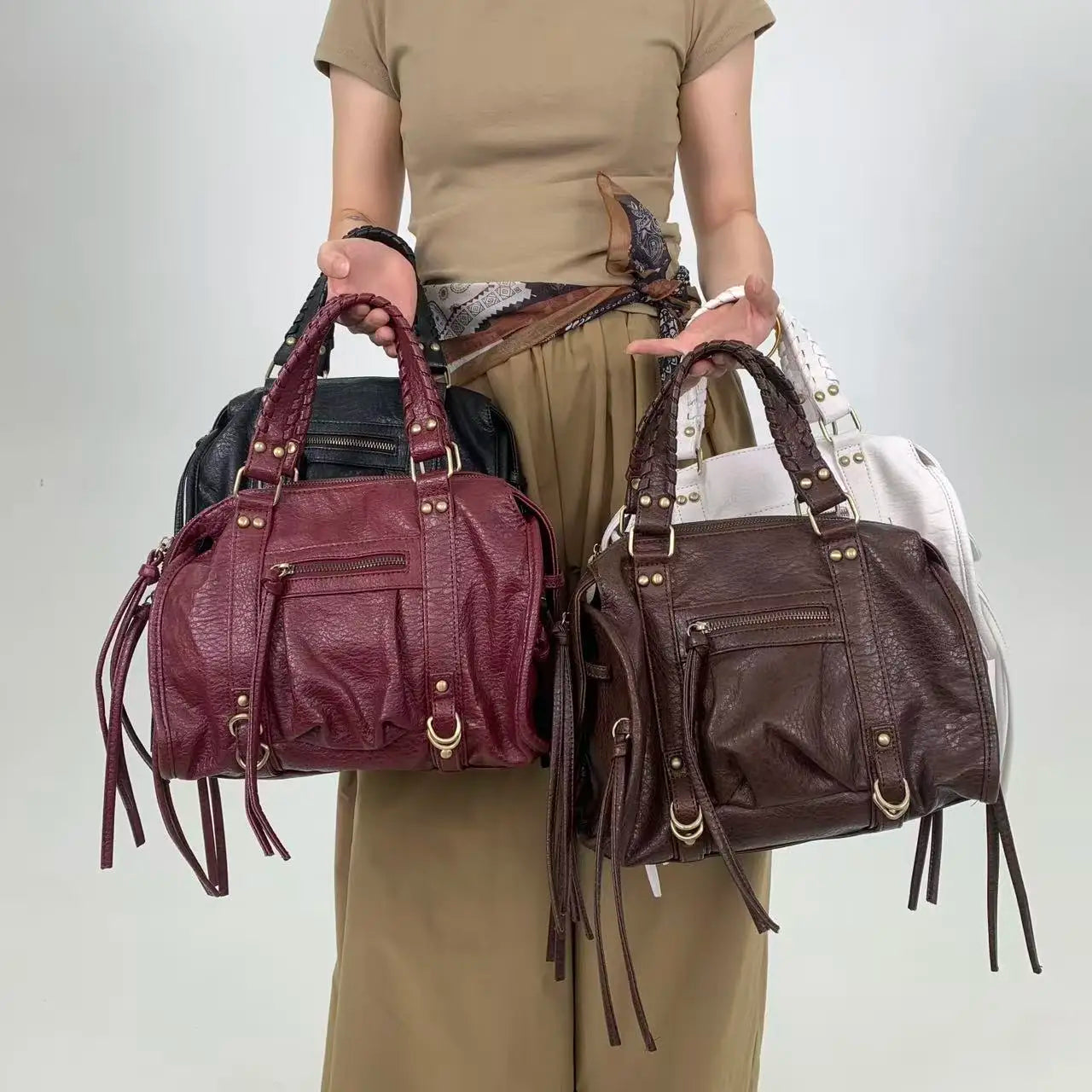 Vintage Street Style Rivet Embellished Shoulder Bag for Women