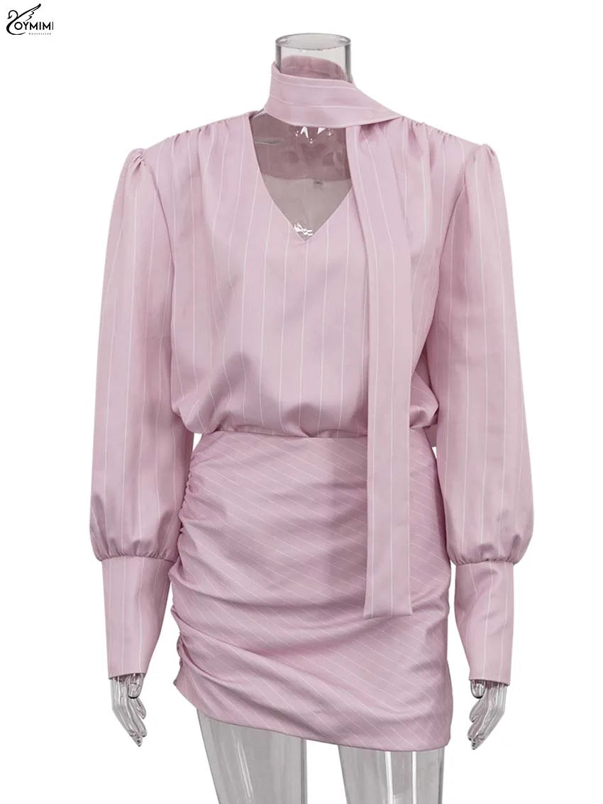 Oymimi Casual Pink 2 Piece Sets Woman Outfits Fashion V-Neck Lace-Up Long Sleeve Blouses And High Waist Slim Mini Skirts Sets