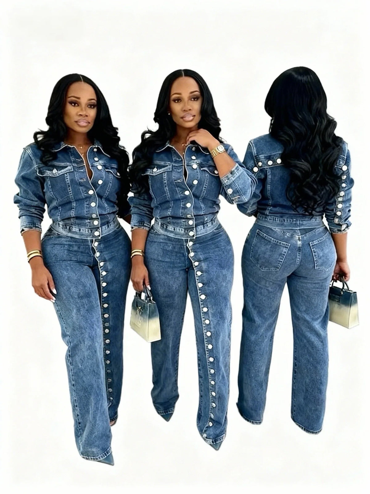 Denim Jacket And Straight Leg Pants Set