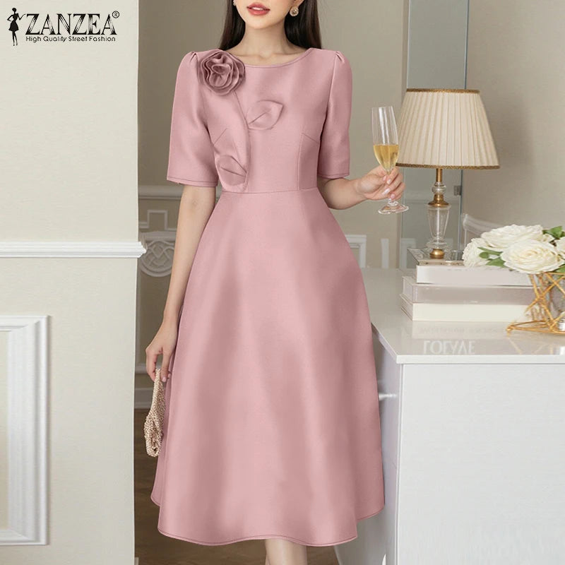 Satin Floral Applique Midi Dress