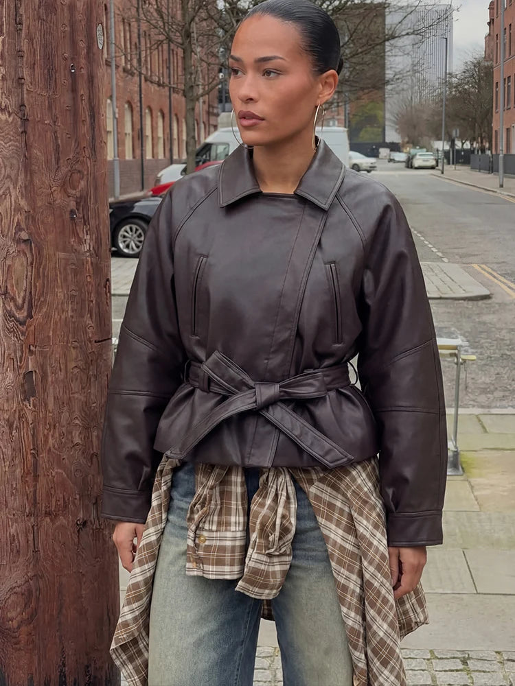 Vintage Black Belted Faux Leather Jacket for Women