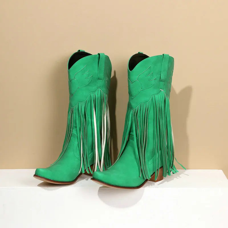 Retro Western Style Mid Calf Boots With Block Heel Tassels For Women