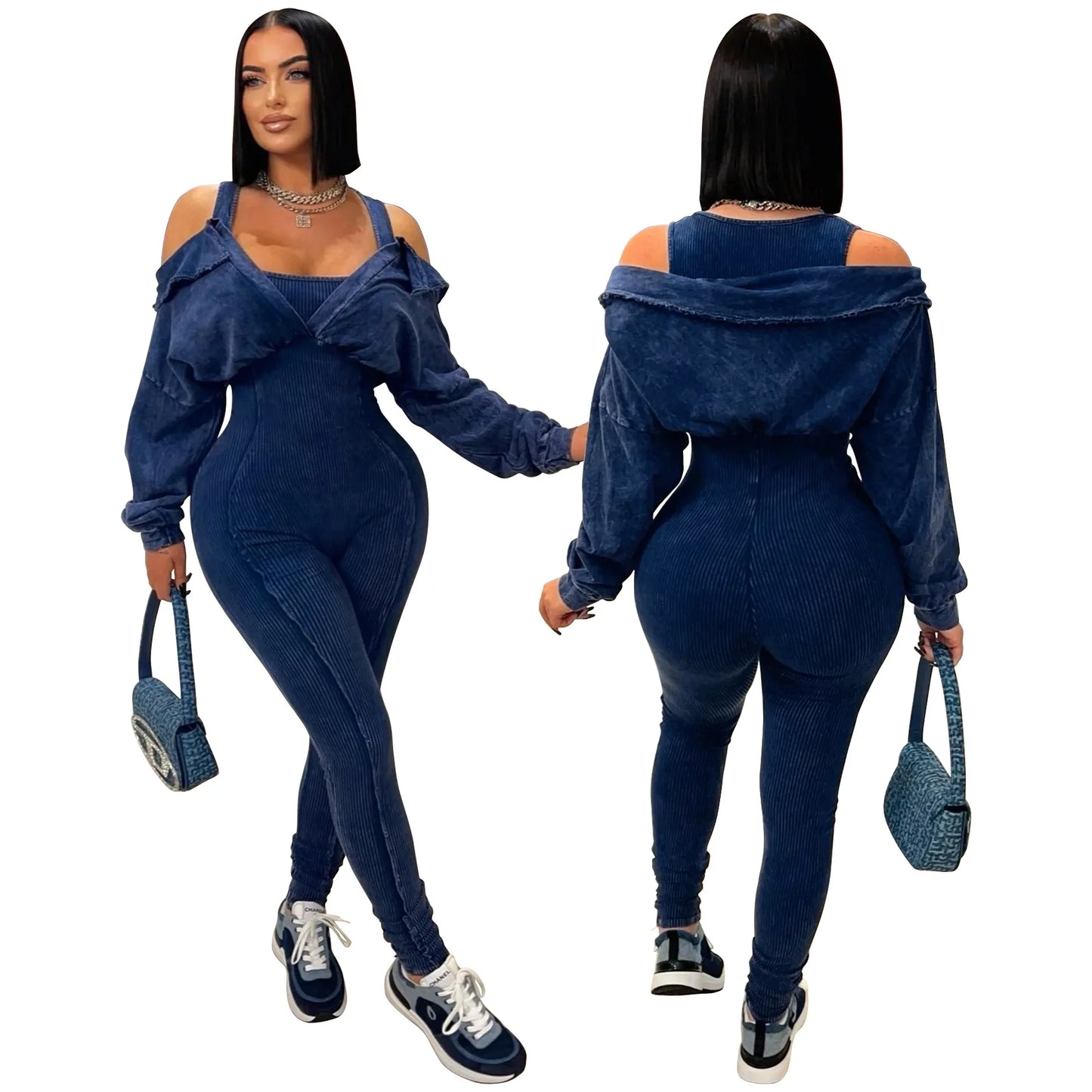 CM.YAYA Fashion Women Knit Ribbed Long Sleeve Moto Biker Jumpsuits Strap Autumn Washed Streetwear Slim One Piece Suit Romper