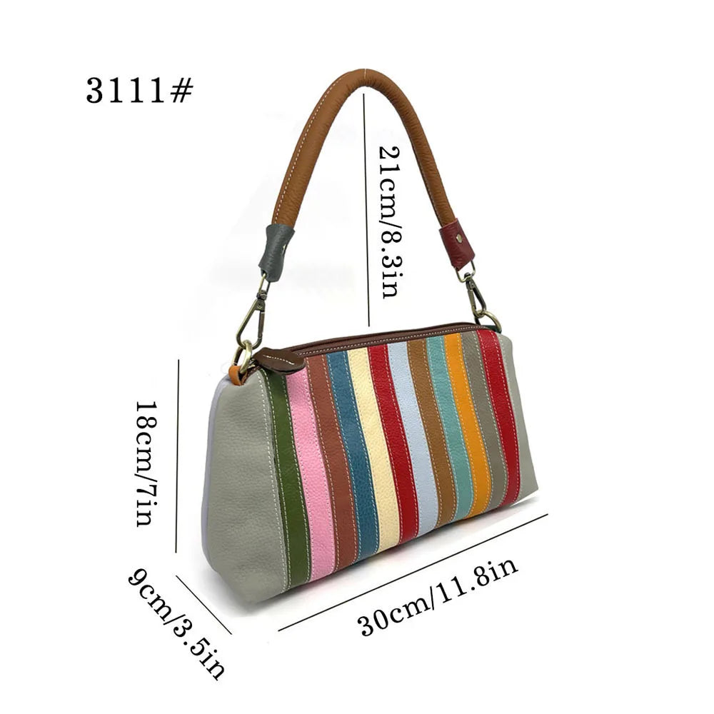Leisure and versatile women's bag colorful leather splicing strip bag seven color rainbow bag, single shoulder crossbody handbag