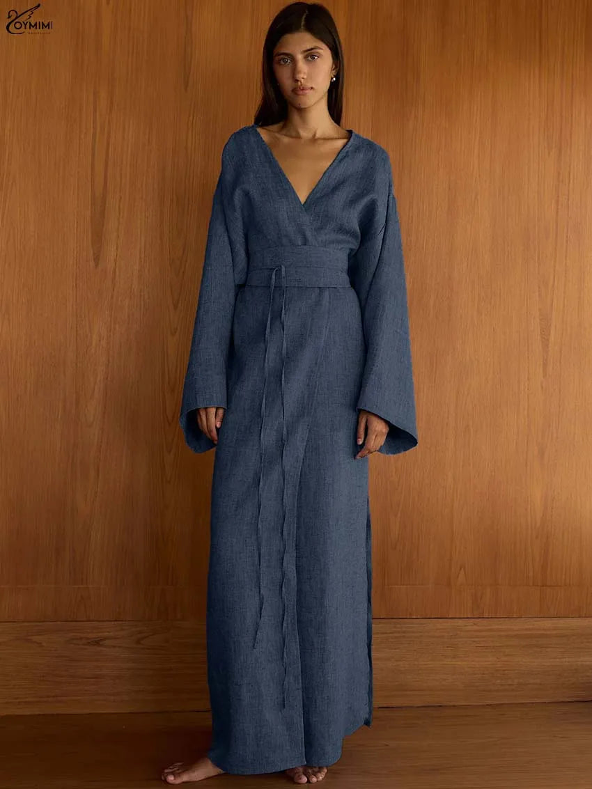 Oymimi Elegant Grey V-Neck Womens Dresses Fashion Long Sleeve Lace-Up Loose Dresses Casual Side Slit Ankle-Length Dress Female