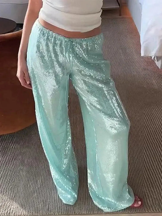 Casual Sequin Pants Women Loose Elastic Waist Wide Legs Trousers Female 2025 Spring Summer Fashion Chic Solid Streetwears Lady