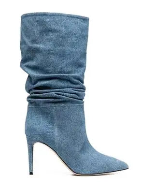 Slip On Pleated Suede Pointed Toe Thin Heel Mid Calf Boots for Women