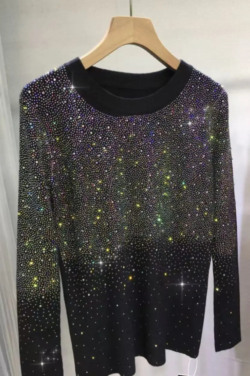 Luxury Blingbling Diamonds Autumn Winter Sim Black Sweaters Women's Long Sleeve High Street Y2K Knitted Pullover Clothes