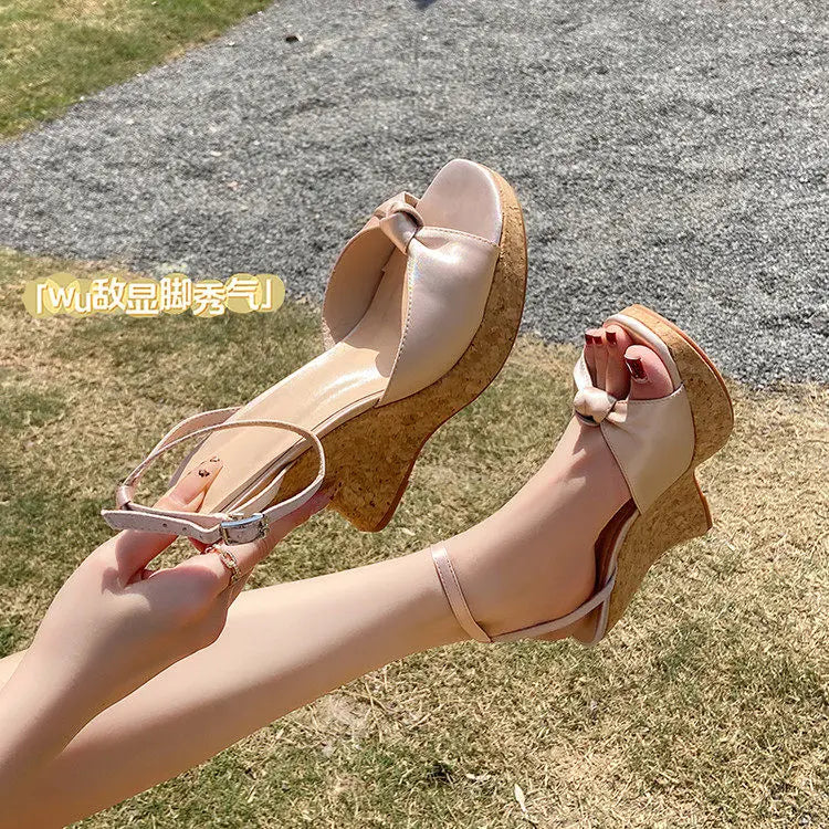 Summer Satin Peep Toe Slingback Wedge Platform Bow Sandals for Women