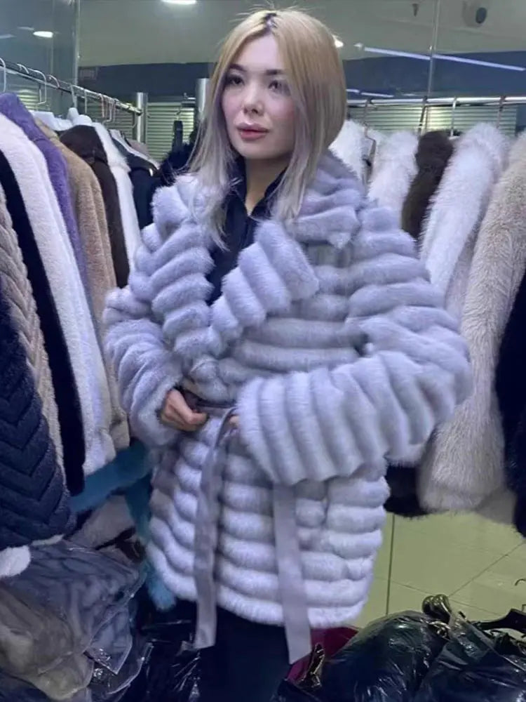 Faux Fur Belted Lapel Coat With Lace Up Front for Women