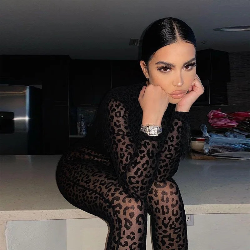 Slim Fit Sheer Leopard Mesh Full Length Jumpsuit for Women