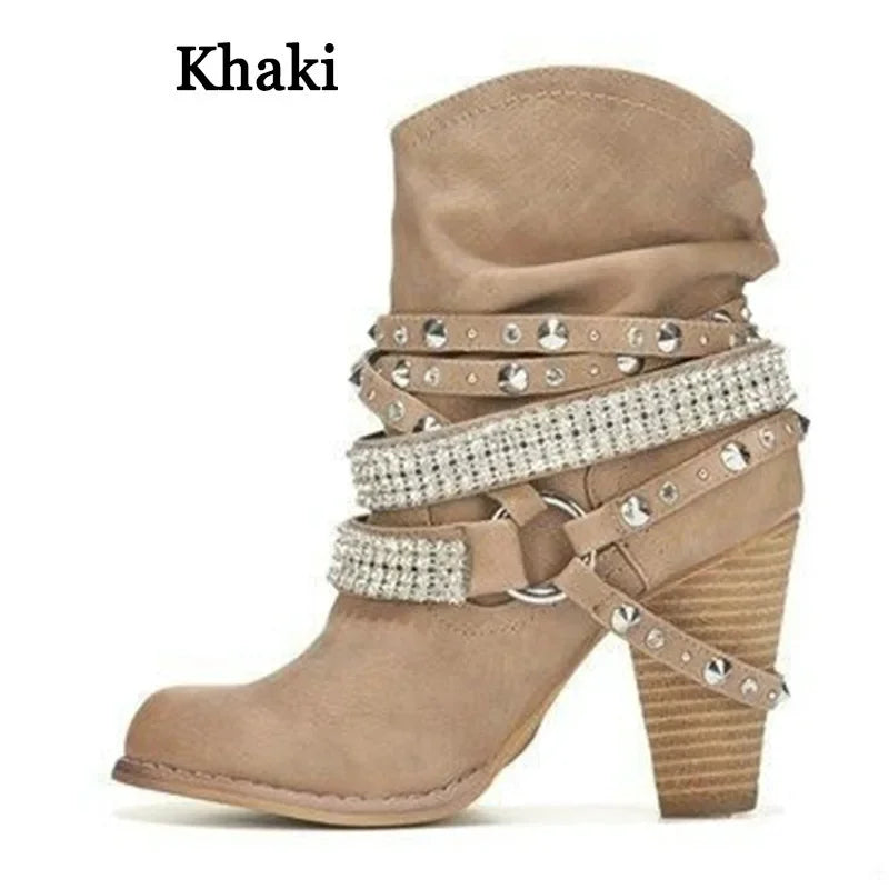 Pleated Mid-Calf Boots With Rivet and Square Heel for Women