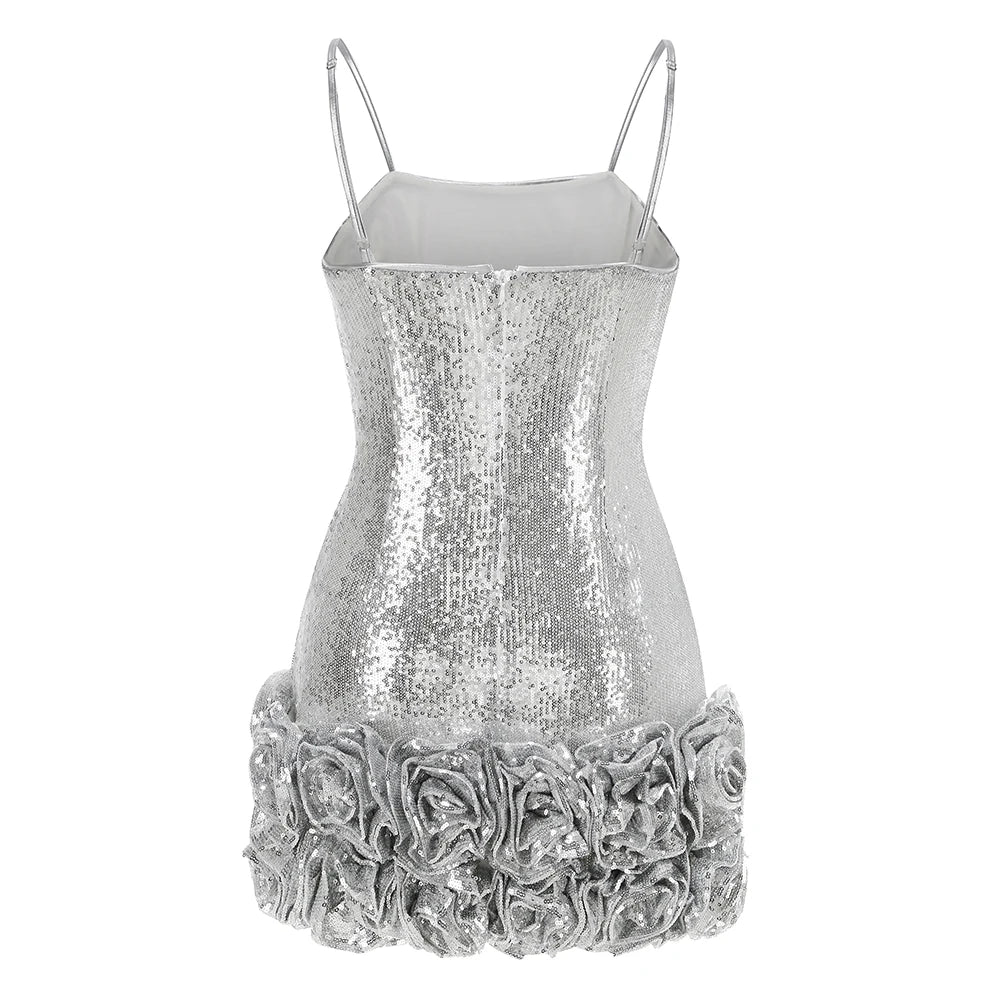 Glamorous Women's Silver Sequin Spaghetti Slip Mini Dress with Ruffled Hem Shiny Flower Party Night Club and Special Occasion