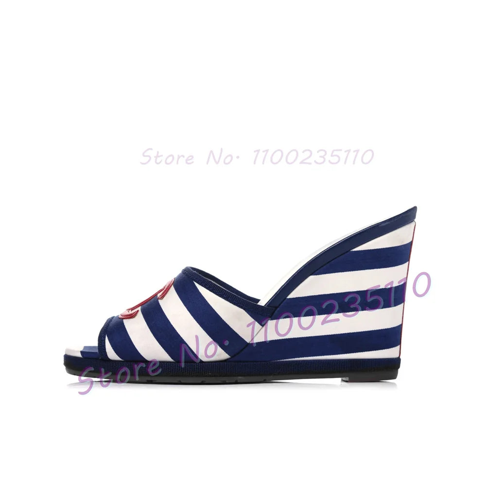 Elegant Red Stripe Canvas Open Toe Wedge Mules For Women