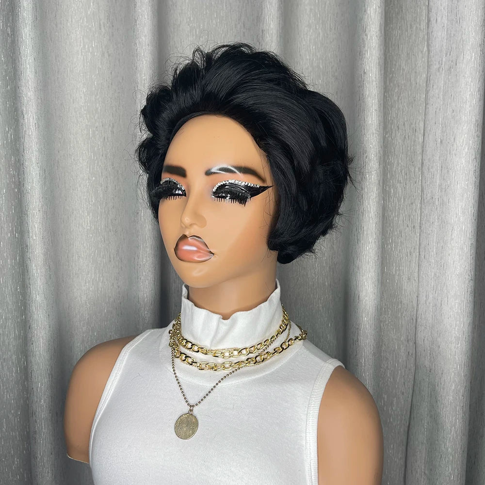 Pixie Cut Wig Brazilian Human Hair Wigs Short Curly Bob with Pre Plucked Bangs for Black Women Full Machine Made Water Wave Wig