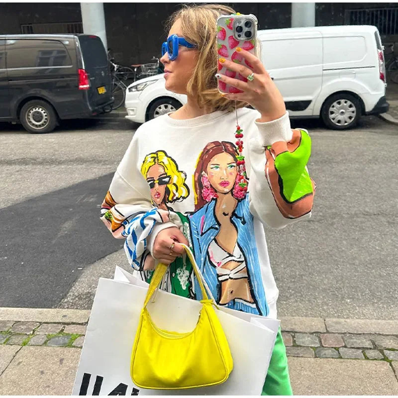 Loose Cartoon Graphic Long Sleeve Sweatshirt for Women
