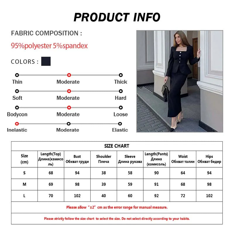 Oymimi Elegant Black Woman 2 Piece Set Outfit Fashion Square Neck Long Sleeve Button Shirts And Straight Ankle-Length Skirts Set