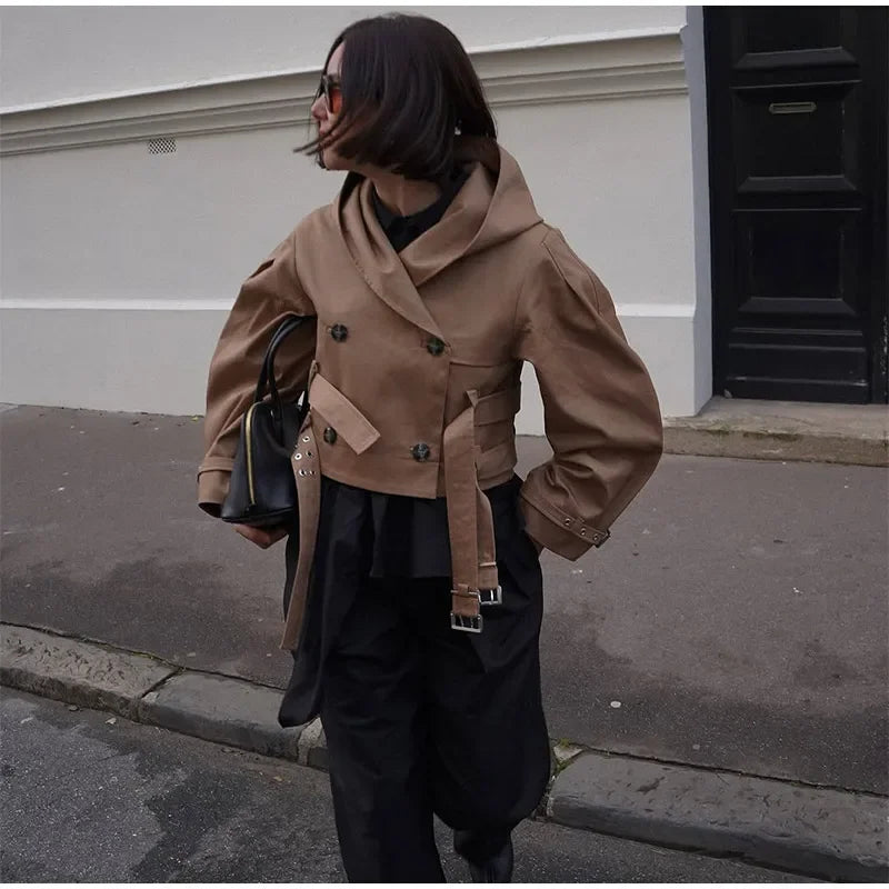 Belted Button Front Long Sleeve Short Jacket for Women