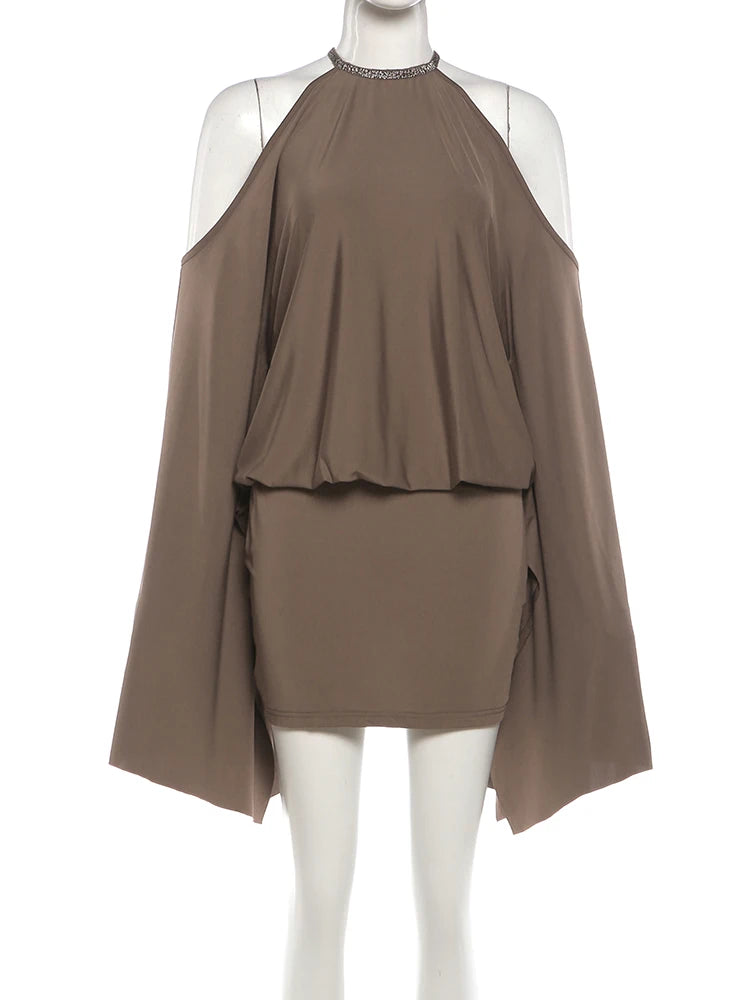 Metal Chain Backless Halter Batwing Collar Dress for Women