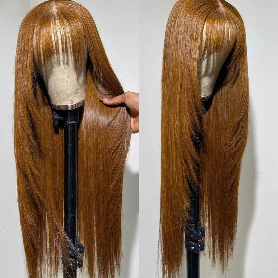 Natural Straight Layered Lace Front Wig With Bangs for Women