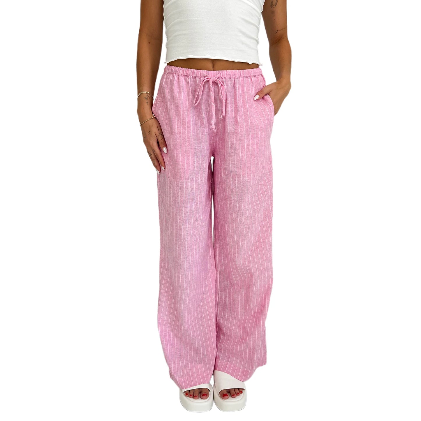Women Loose Pants Stripe Micro-Sheer Drawstring Elastic Waist Trousers Spring Fall Casual Sweatpants Bottoms