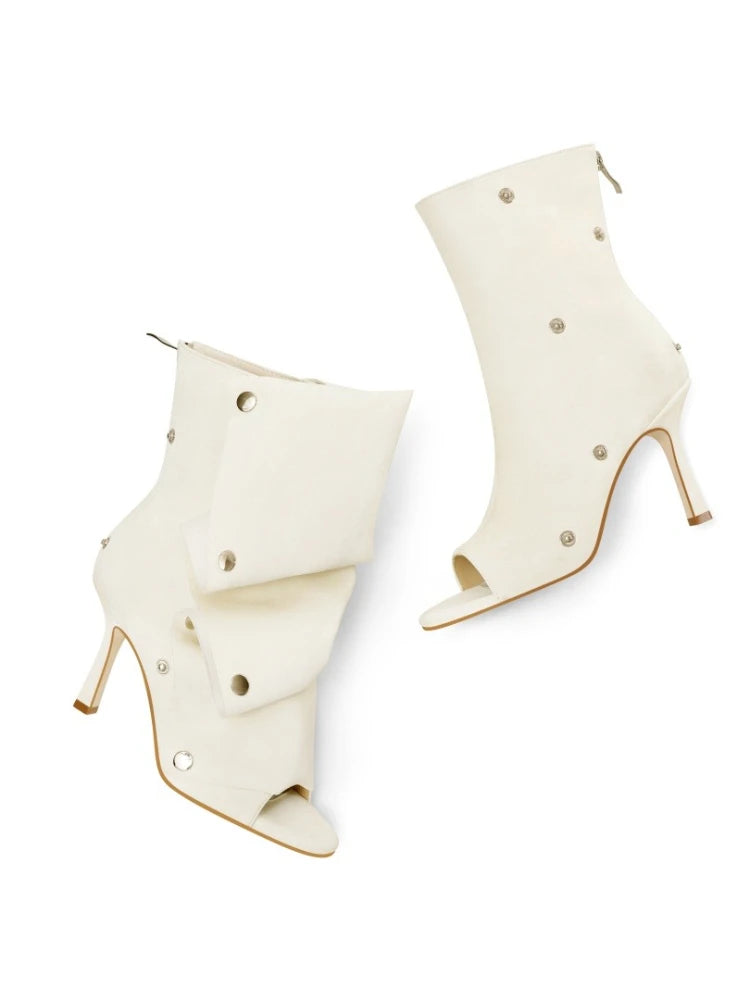 Mid-Calf Open Toe High Heel Pleated Boots for Women