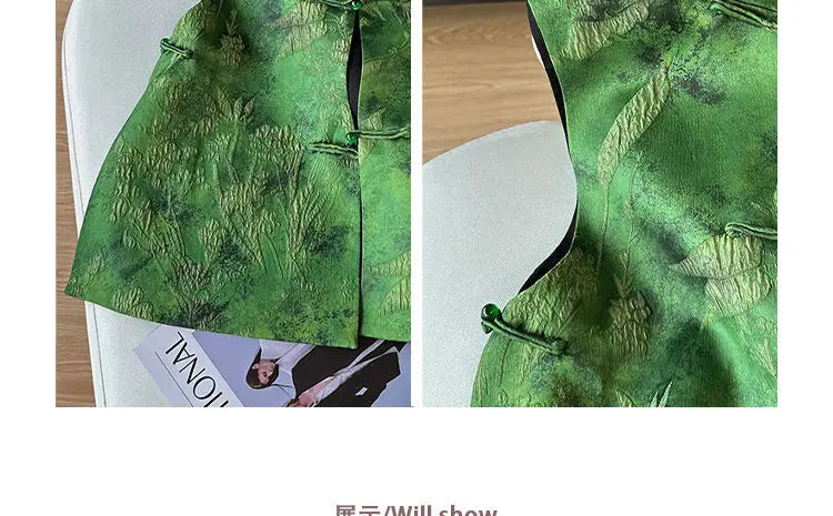 Green Chinese Style Embroidered Vest With Buckle for Women